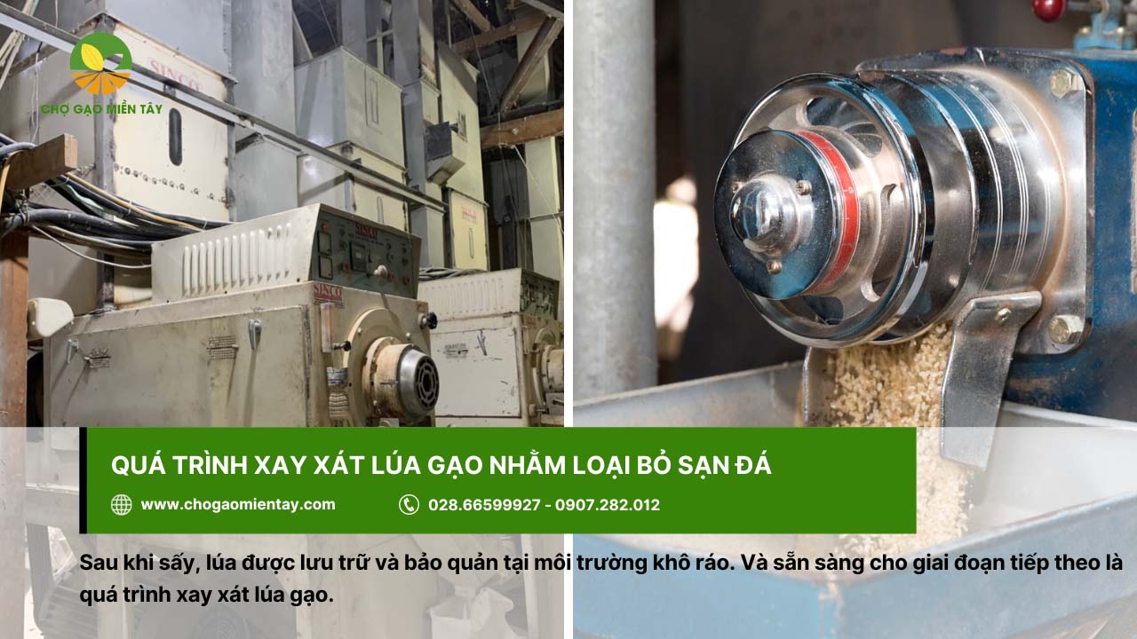 Quy trình sản xuất gạo sạch chất lượng và an toàn 7 Quá trình xay xát lúa gạo để loại bỏ sạn đá